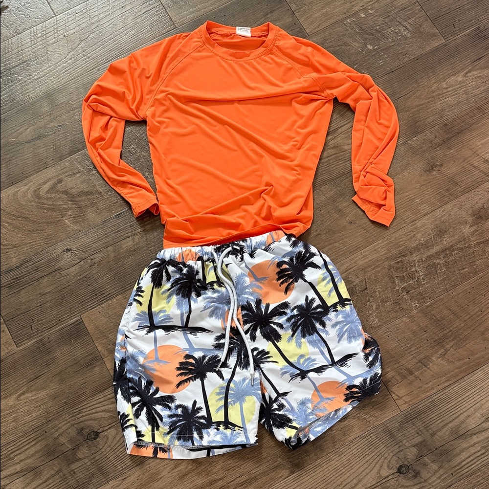 Bright Orange Rash Guard with Tropical Palm Swim Shorts 10-12 Youth